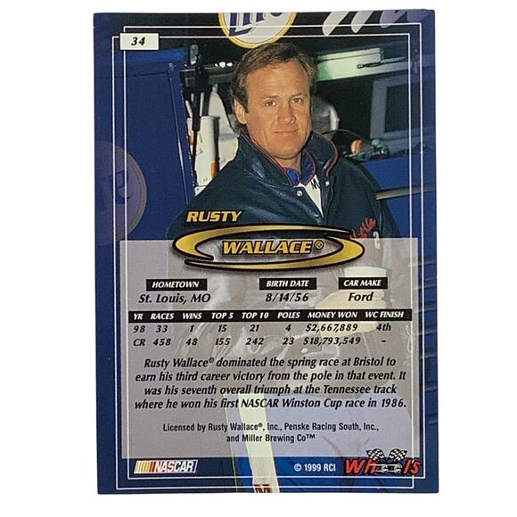Rusty Wallace, Sponsor: Miller Lite, Card 34 1999 Wheels NASCAR Winston Cup, NM+ - Picture 3 of 4